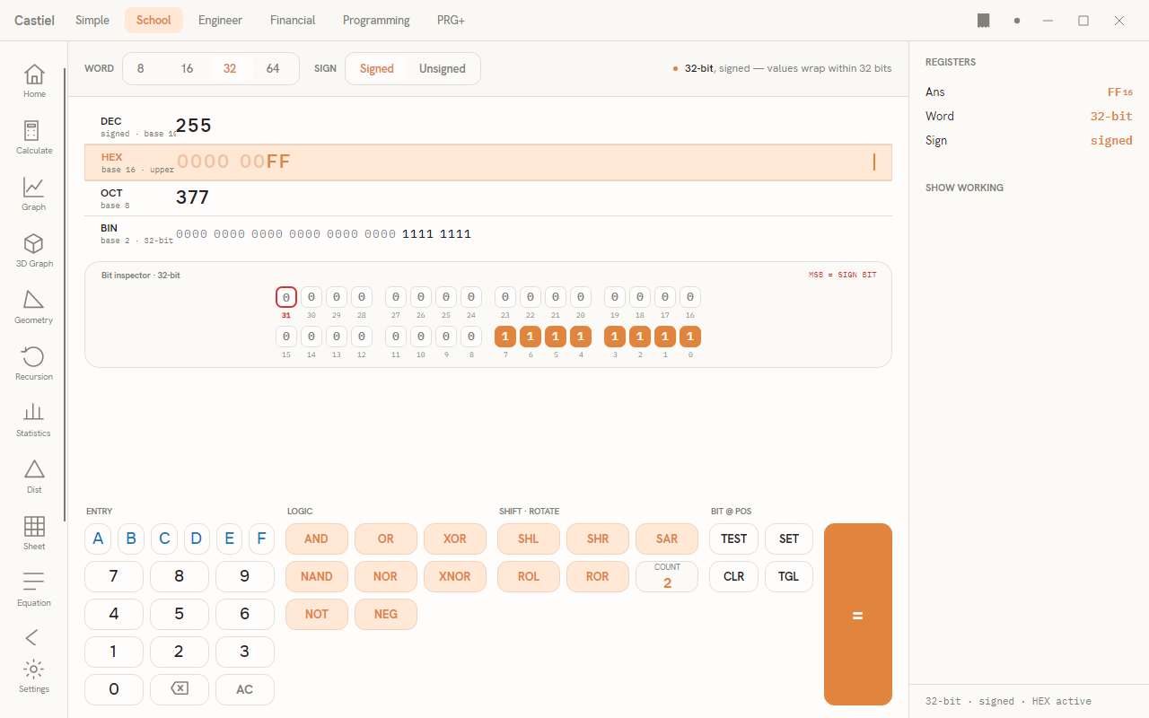 The School Base-N calculator, showing 255 in all four bases with the HEX row active
