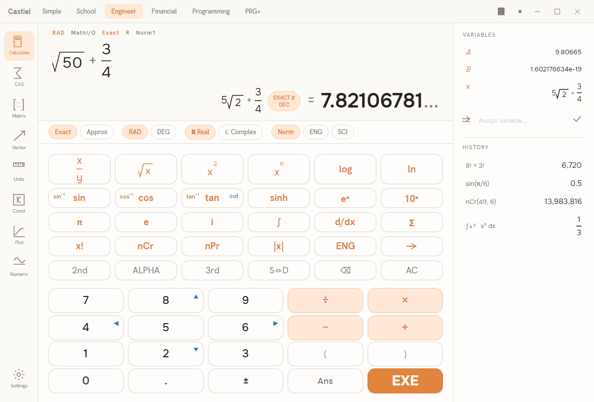 Engineer mode, showing the Calculate surface with its mode-chip row and the Variables and History panel