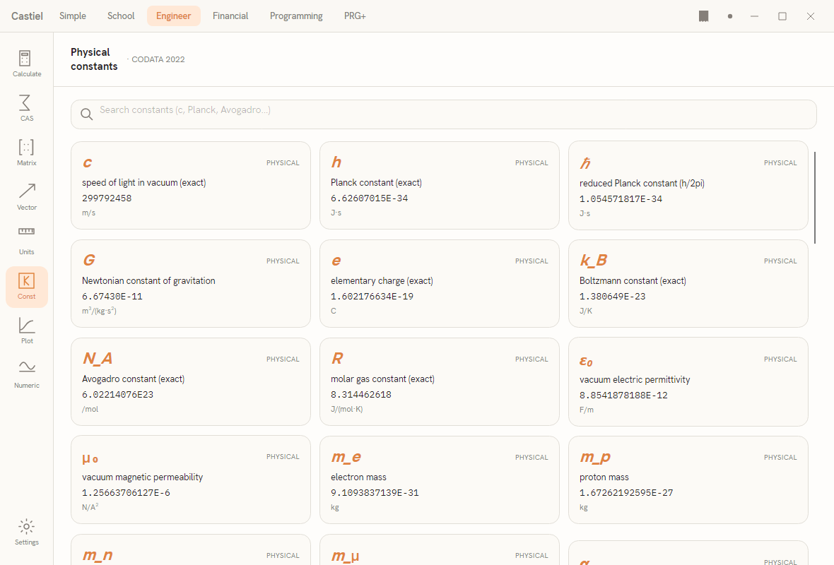 The Engineer physical-constants library, a searchable grid of constant cards