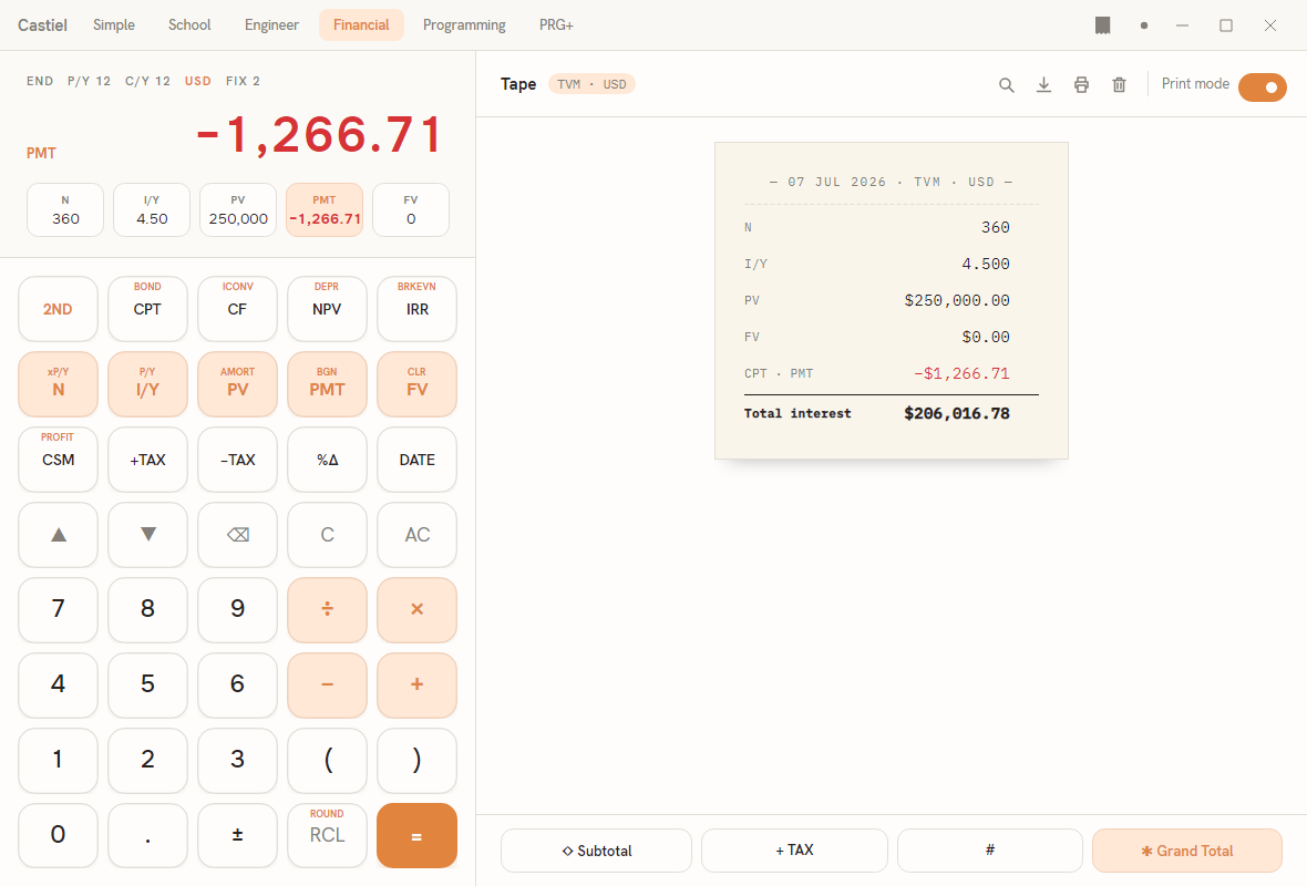 The Financial calculator, showing the TVM register strip and the printing tape