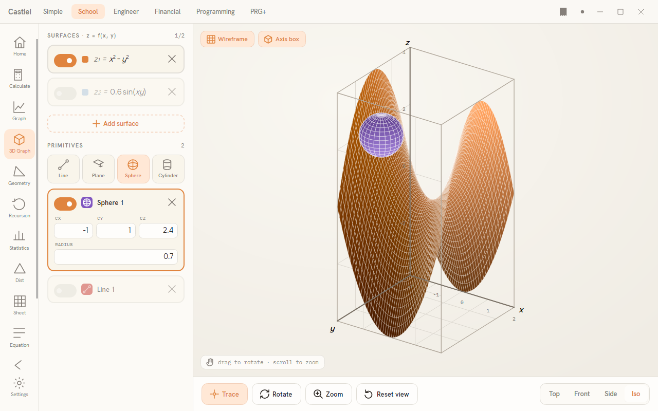 The School 3D graph, showing the saddle surface z = x² − y² with a sphere resting on one ridge