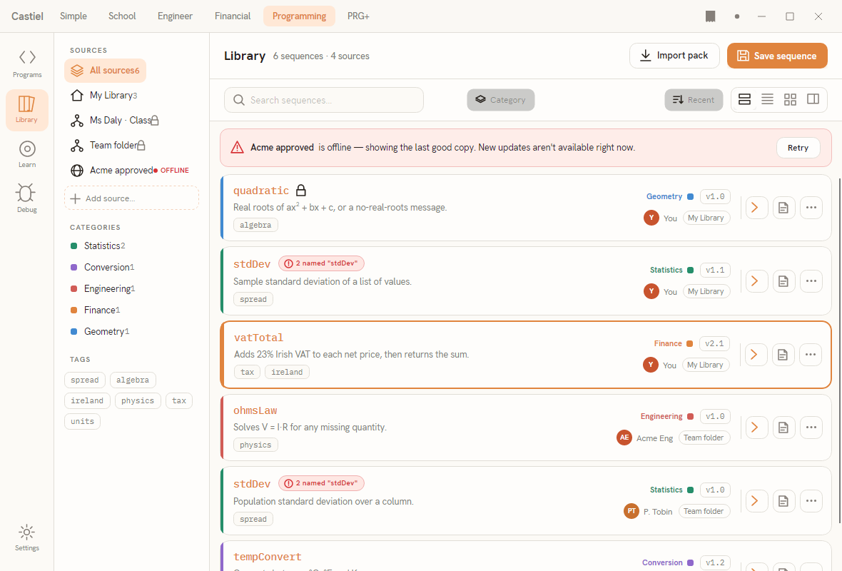 The Library browser, listing saved sequences with the sources rail on the left