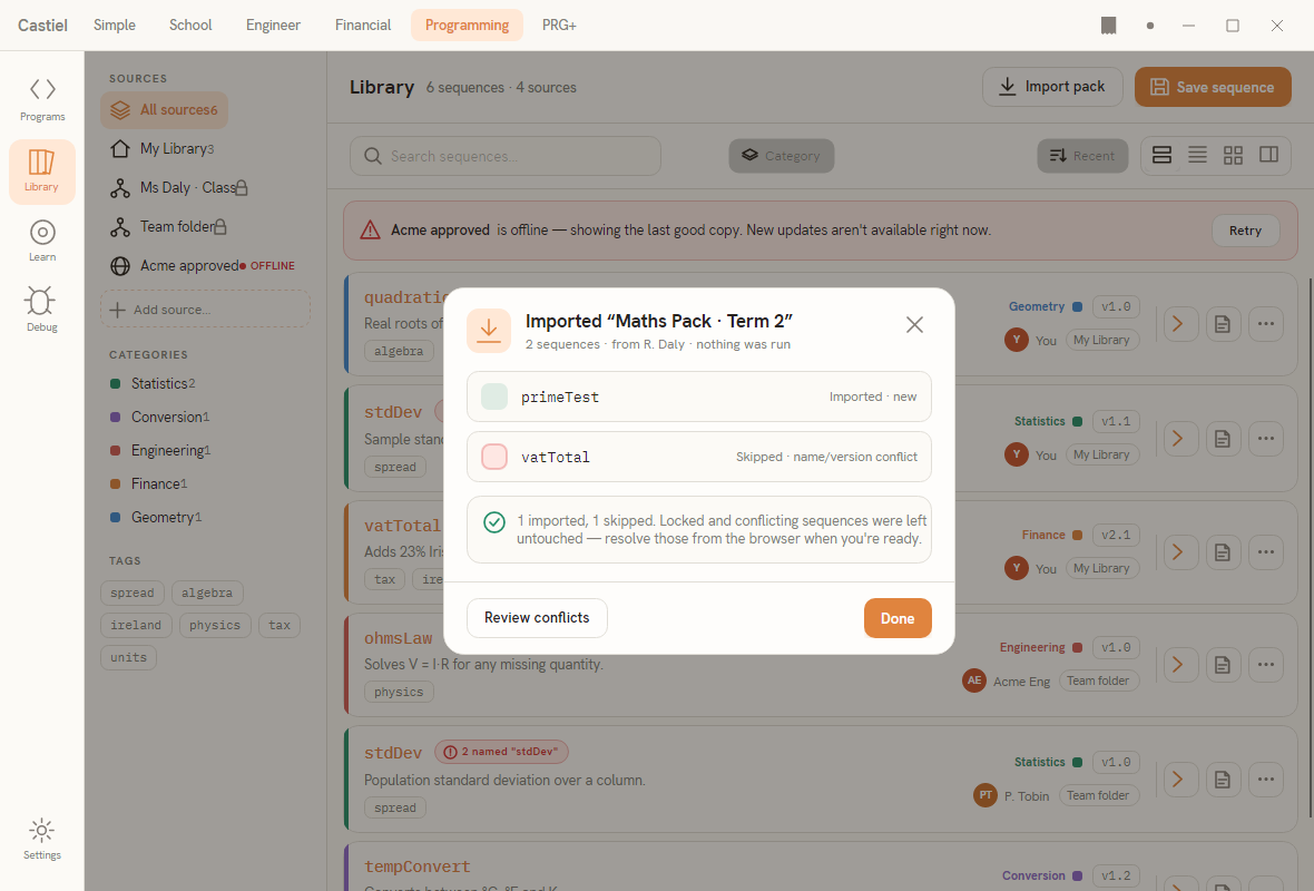The import report, listing each sequence's outcome and a summary line