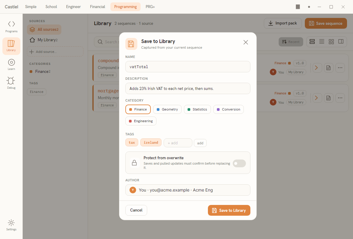 The Save to Library dialog with name, description, category, tags, and author fields