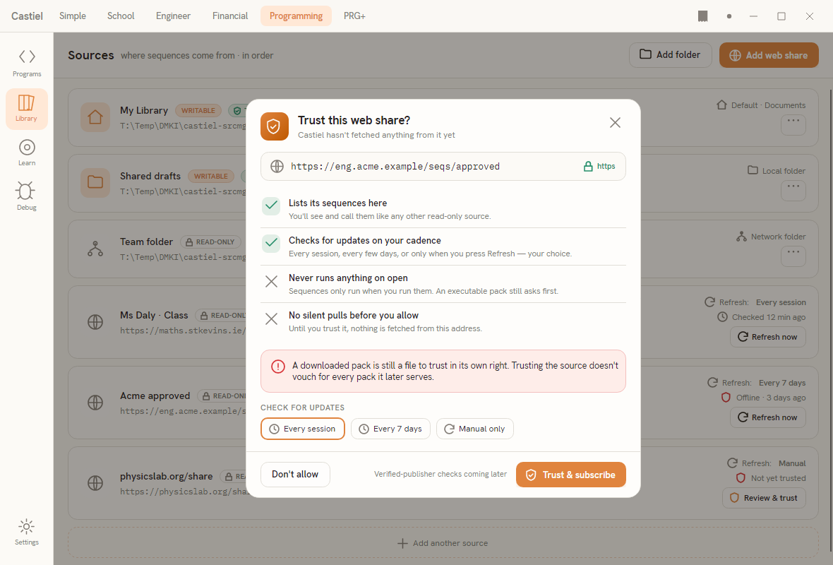The Trust this web share dialog, listing what trusting does and does not allow