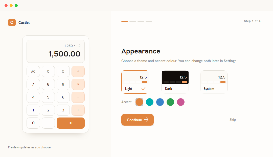 First-run setup, step 1: Appearance