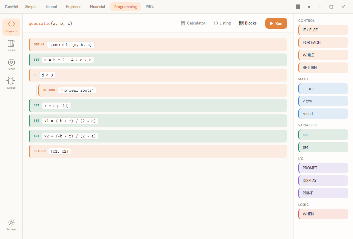 The Blocks view of a Catena sequence in Programming mode