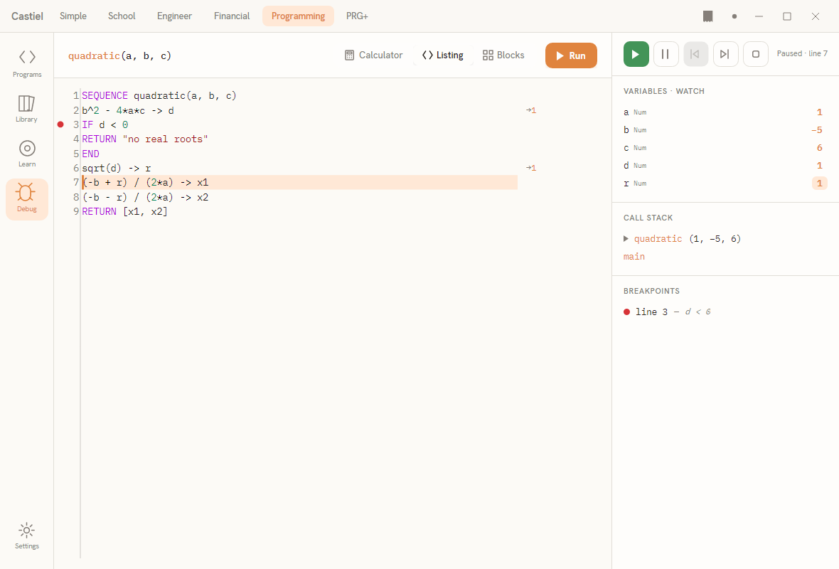 The Listing view with the breakpoint gutter, line numbers, per-line value column, and the debugger panel