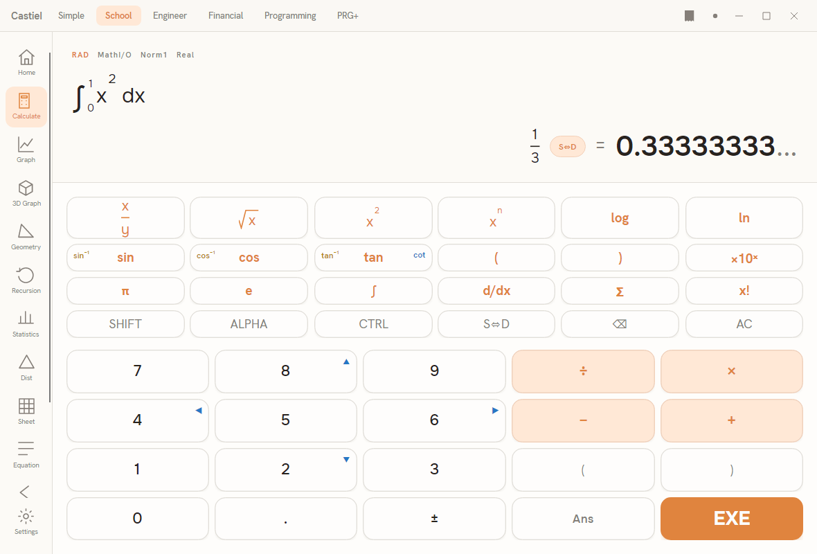 The School calculator, showing the trig keys and the RAD angle annunciator