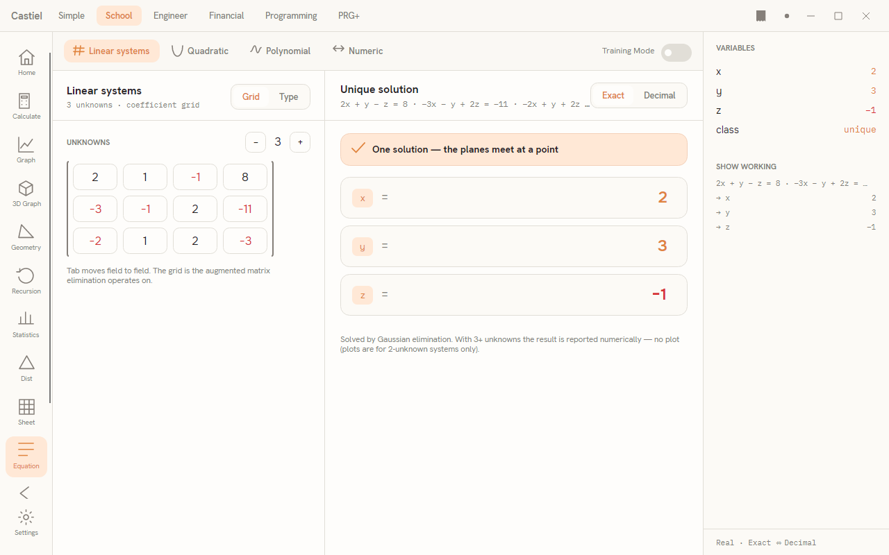 The School equation solver, Linear systems tab with a three-unknown coefficient grid