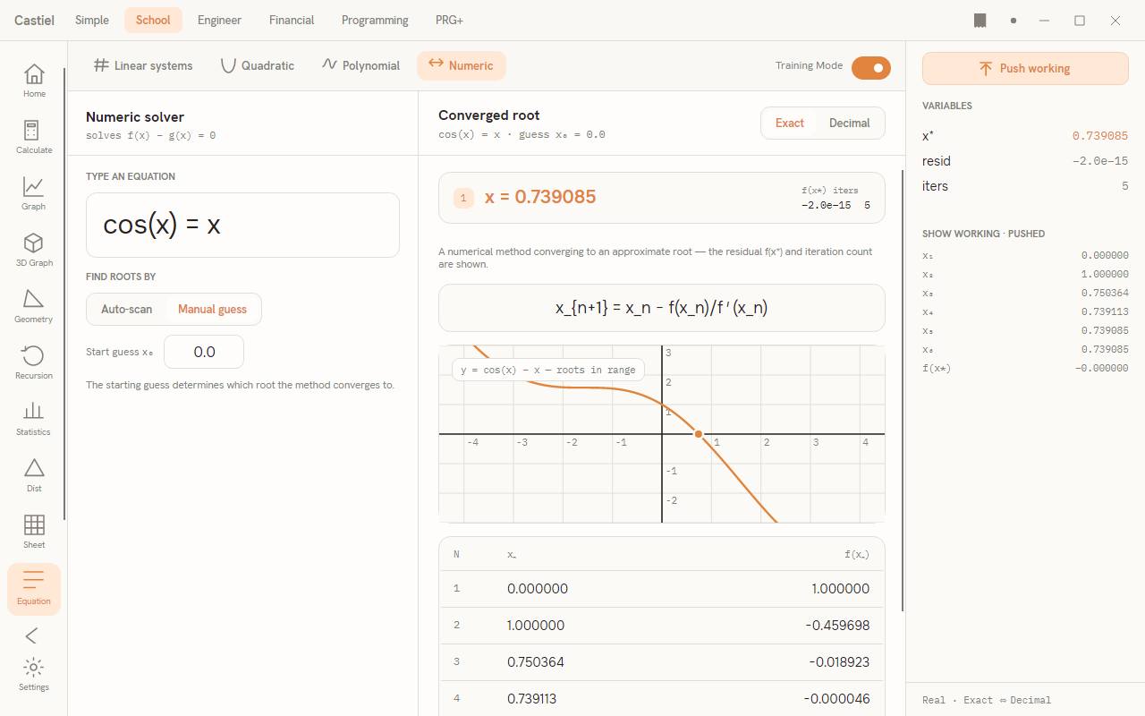 The Numeric solver in Manual guess mode with the Newton iteration trace, Training Mode on