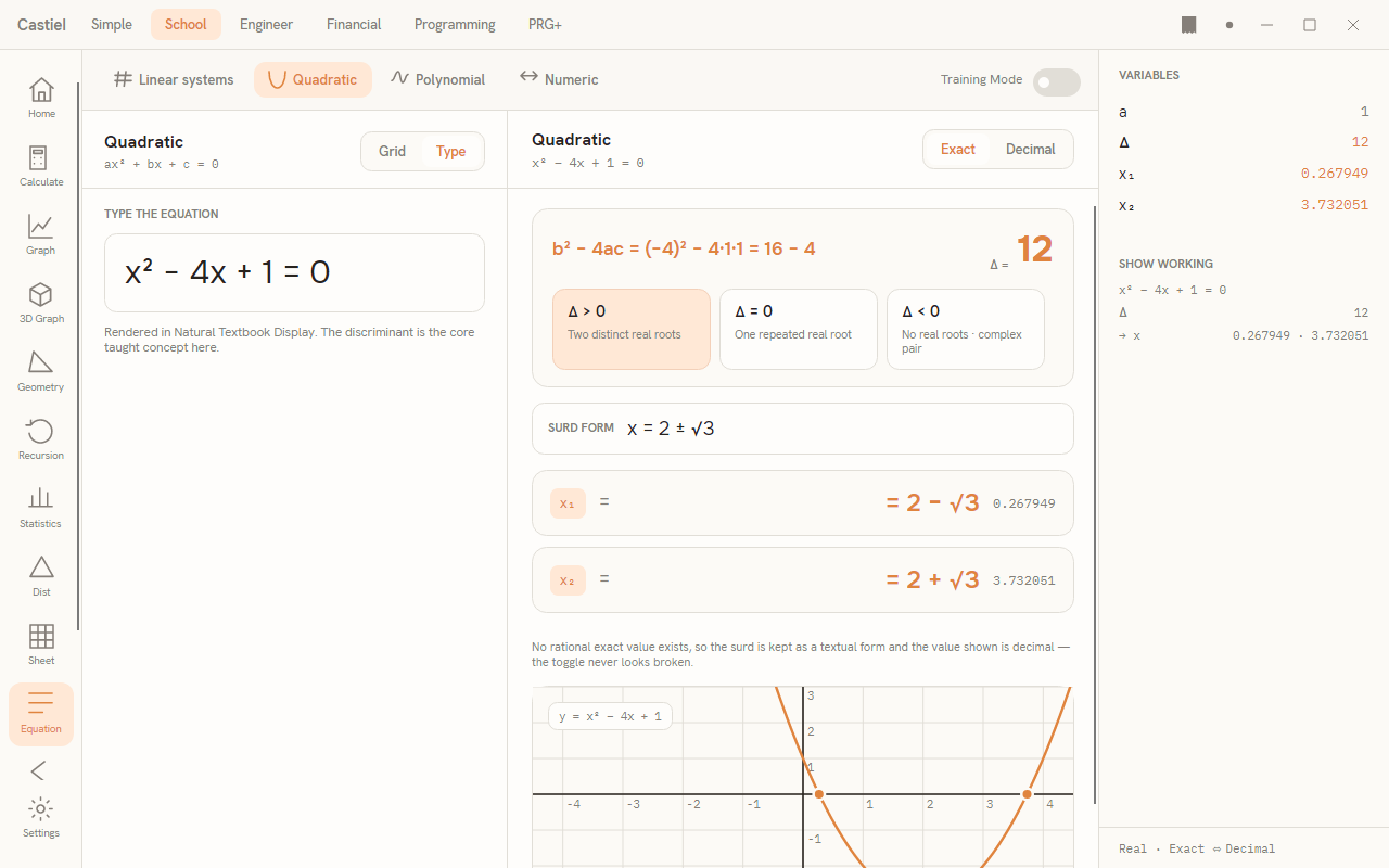 The Quadratic solver showing the discriminant card and an irrational (surd) result