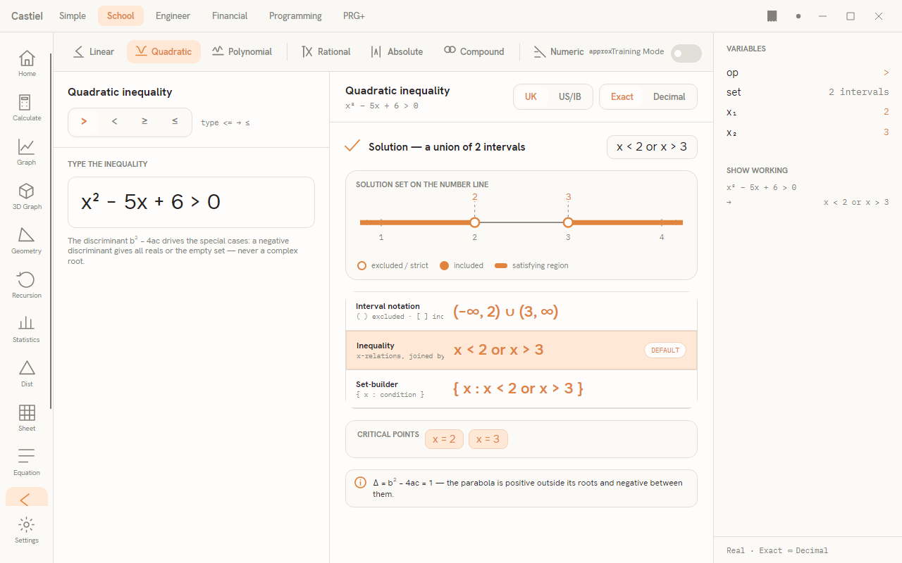 Quadratic mode, showing the solution as a union of two intervals
