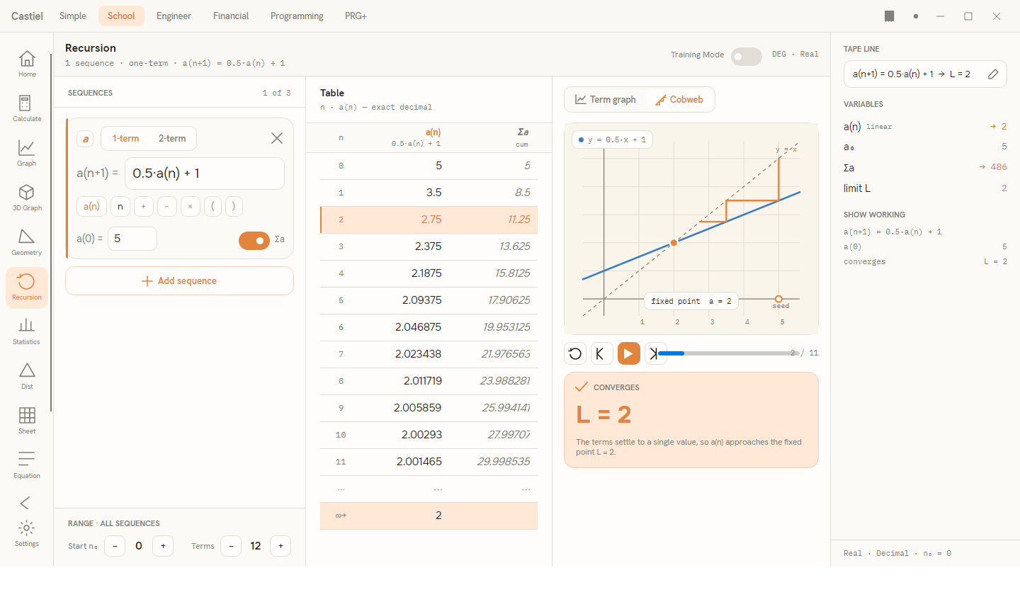 The School Recursion app, showing a converging sequence in the table view