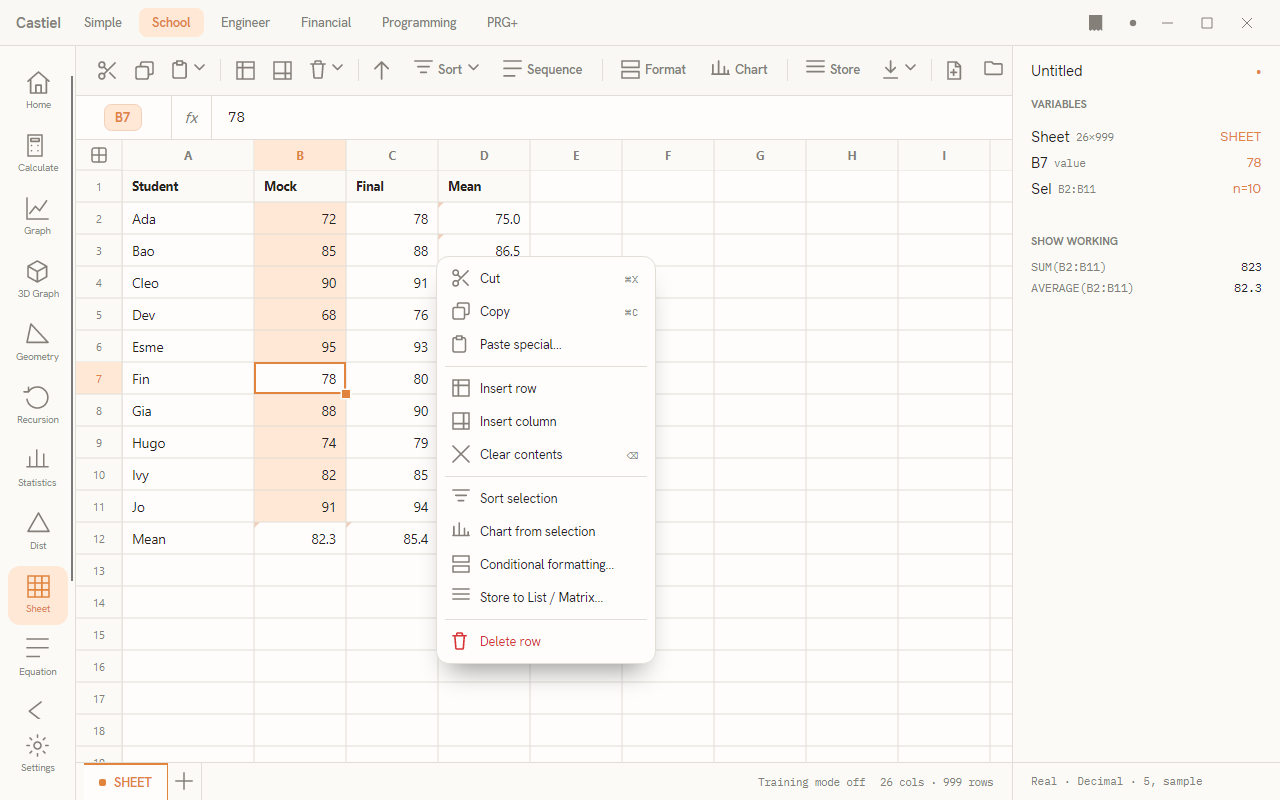 The spreadsheet cell context menu