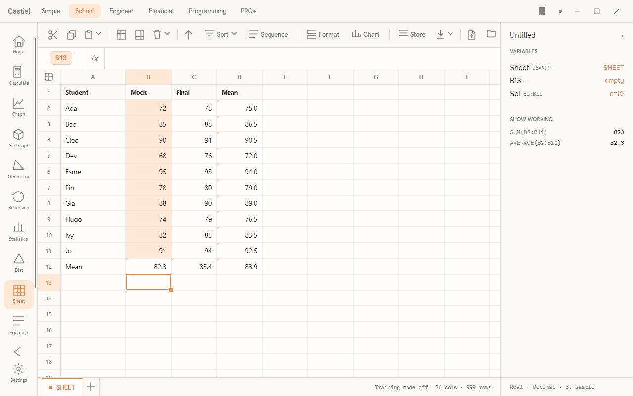 The School spreadsheet with a small table of data