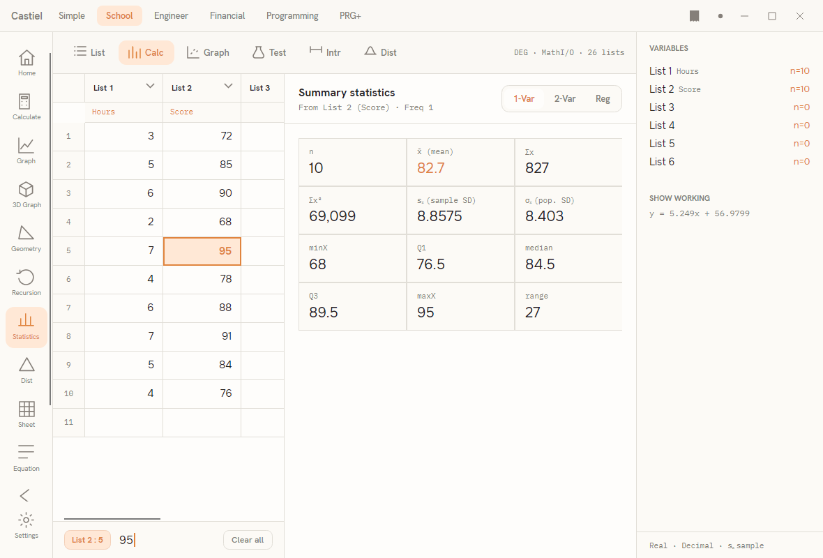 The one-variable summary on the Calc tab