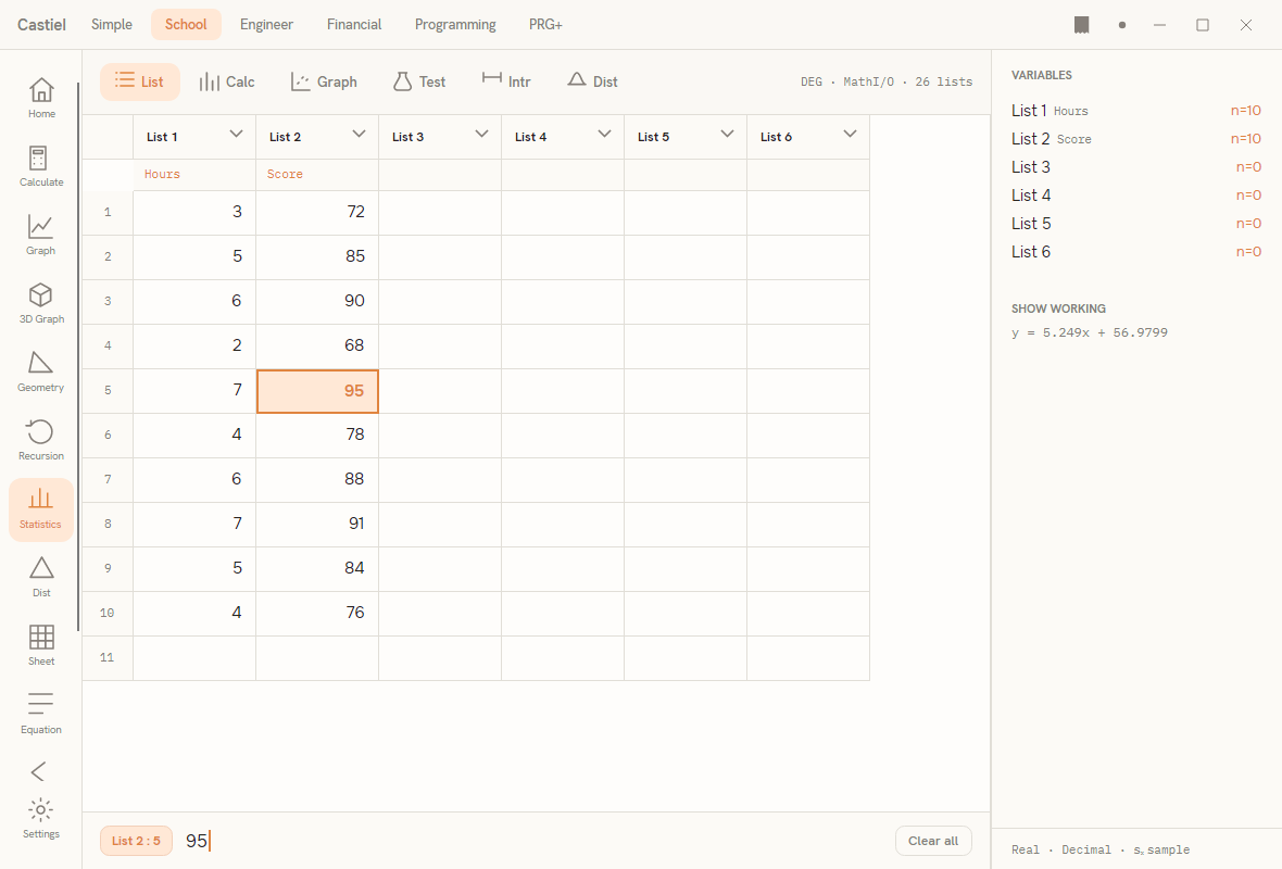 The School Statistics app, showing the list editor and the sub-tab strip