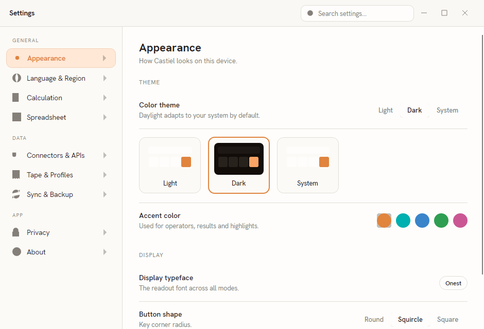 The Settings window, Appearance pane