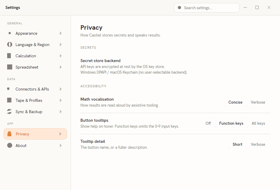 The Privacy settings pane, with the ACCESSIBILITY group holding Math vocalisation, Button tooltips, and Tooltip detail